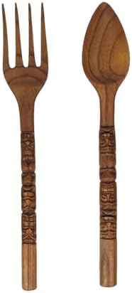 Zeckos Set of 2 Carved Tiki Wooden Spoon Fork Wall Sculptures