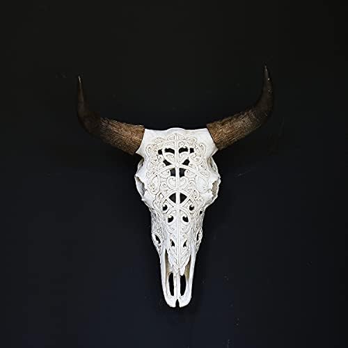 OTARTU White Tribal Carved Steer Skull Wall Sculpture