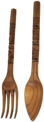 Zeckos Set of 2 Carved Tiki Wooden Spoon Fork Wall Sculptures
