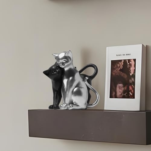 Black and Silver Cat Statue Couple Sculpture Decor