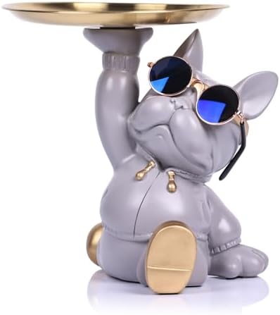 French Bulldog Butler Statue with Key Tray Grey