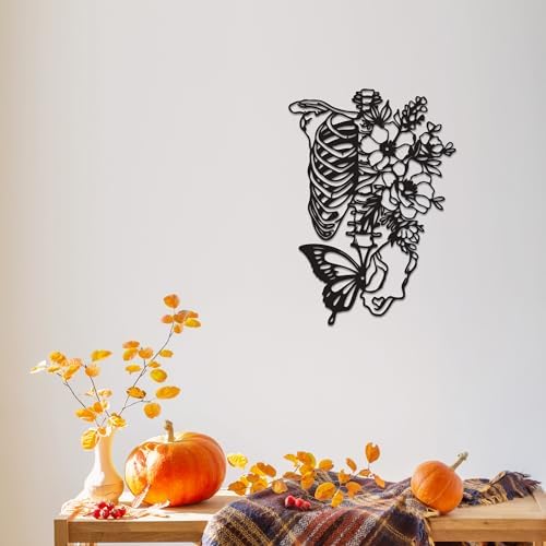 Gothic Skull Wall Decor with Metal Butterfly and Flowers