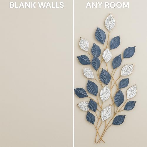Vertical 3D Leaf Metal Wall Art - Textured Green and White Wall Sculpture