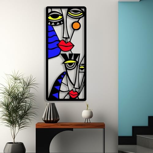 Modern Abstract Multicolor Metal Wall Art Sculpture - 16 Inches LineArt Face Decor