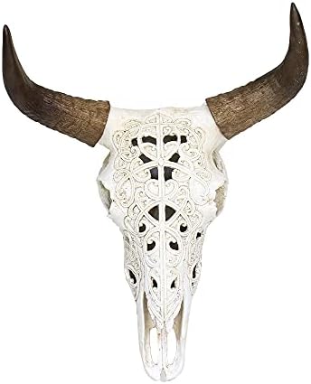 OTARTU White Tribal Carved Steer Skull Wall Sculpture