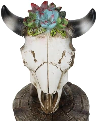 Ebros Gift Cow Skull Floral Sculpture with Wooden Base