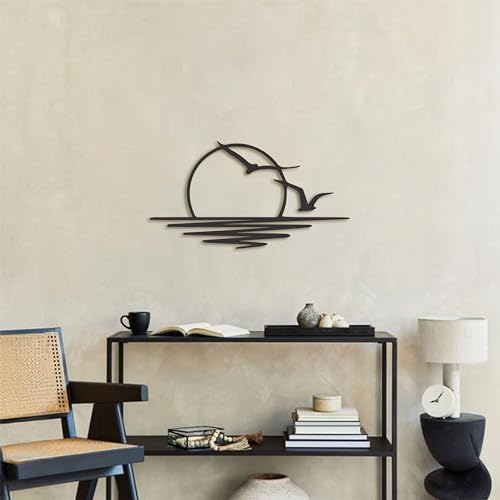 FAWdecor Seagulls Sunset Metal Wall Art - Minimalist Sunrise Sculpture for Home Decor