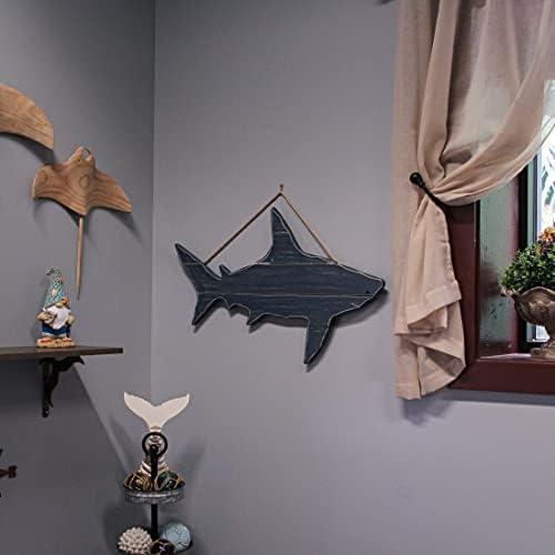 31-Inch Ocean Blue Carved Wood Shark Wall Decor