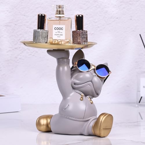 French Bulldog Butler Statue with Key Tray Grey