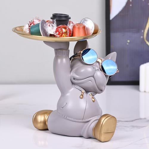 French Bulldog Butler Statue with Key Tray Grey