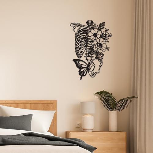 Gothic Skull Wall Decor with Metal Butterfly and Flowers