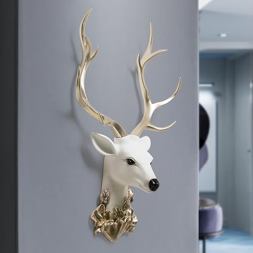 Gold Deer Head Wall Decor with Real Stone Antlers