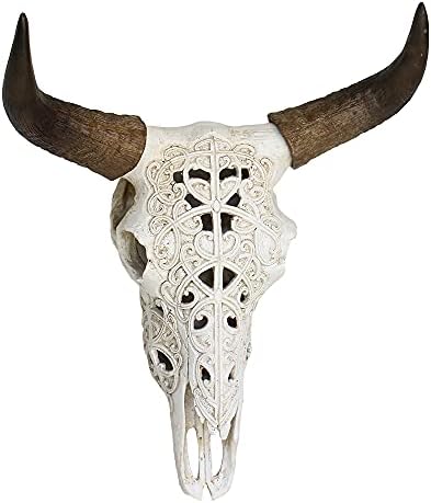 OTARTU White Tribal Carved Steer Skull Wall Sculpture