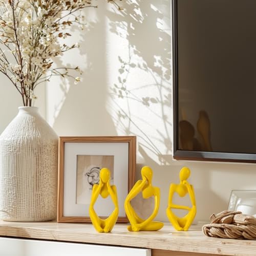 Yellow Blue Thinker Statue Set of 3 - Modern Sculpture Decor