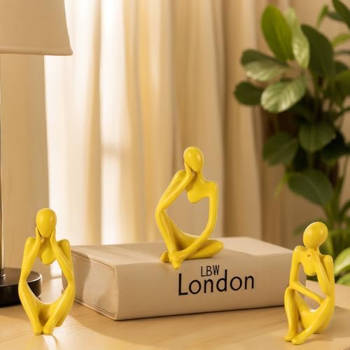 Yellow Blue Thinker Statue Set of 3 - Modern Sculpture Decor