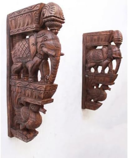 2 Pcs Wall Bracket Elephant Wooden Statue Vintage Home Decor