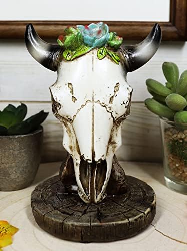 Ebros Gift Cow Skull Floral Sculpture with Wooden Base