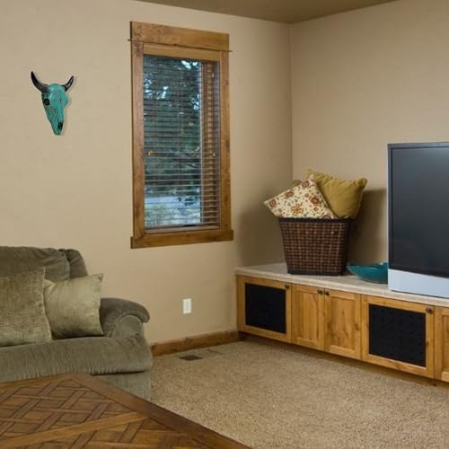 Rustic Wall Sculpture with Turquoise Floral Tribal Carved Bull Head Skull