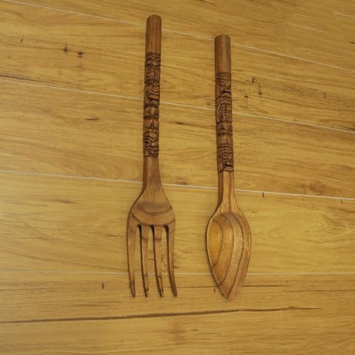 Zeckos Set of 2 Carved Tiki Wooden Spoon Fork Wall Sculptures