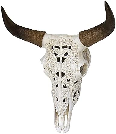 OTARTU White Tribal Carved Steer Skull Wall Sculpture
