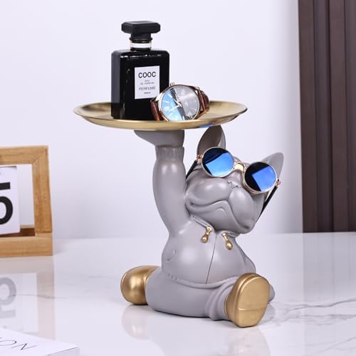 French Bulldog Butler Statue with Key Tray Grey