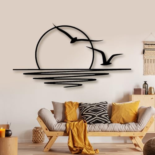 Sunrise Metal Wall Art - Seagulls Sunset Decor Black 30x16 Inch