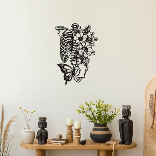Gothic Skull Wall Decor with Metal Butterfly and Flowers