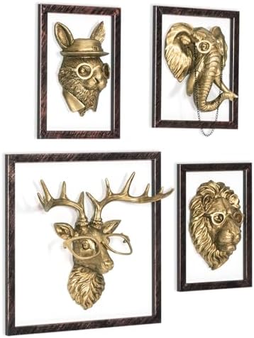 HUYIENO 4PK Animal Head Wall Decor with Gold Frame