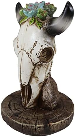 Ebros Gift Cow Skull Floral Sculpture with Wooden Base