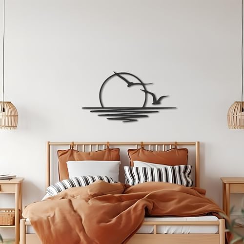 FAWdecor Seagulls Sunset Metal Wall Art - Minimalist Sunrise Sculpture for Home Decor