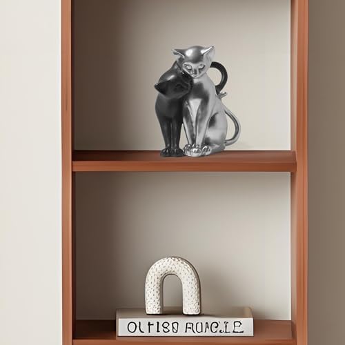 Black and Silver Cat Statue Couple Sculpture Decor
