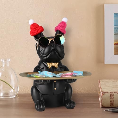 French Bulldog Butler Resin Statue with Tray - Black 1