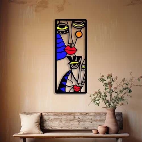 Modern Abstract Multicolor Metal Wall Art Sculpture - 16 Inches LineArt Face Decor