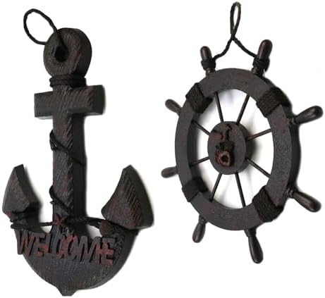 Mewutal 2PCS 11 Inch Wooden Ship Steering Wheel and 13 Inch Wood Anchor Wall Decor