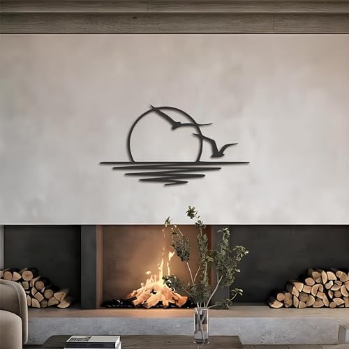 FAWdecor Seagulls Sunset Metal Wall Art - Minimalist Sunrise Sculpture for Home Decor
