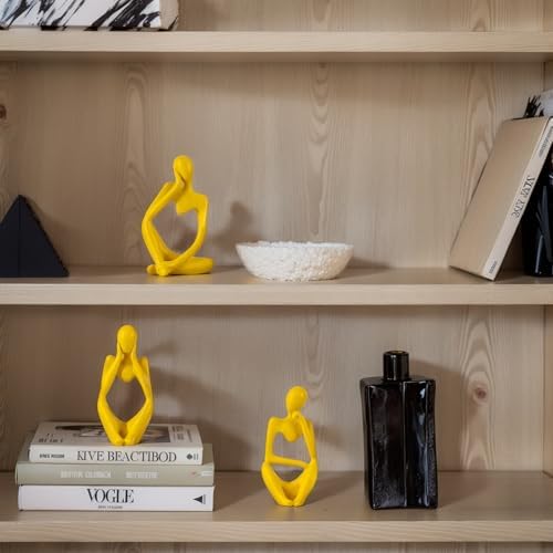 Yellow Blue Thinker Statue Set of 3 - Modern Sculpture Decor