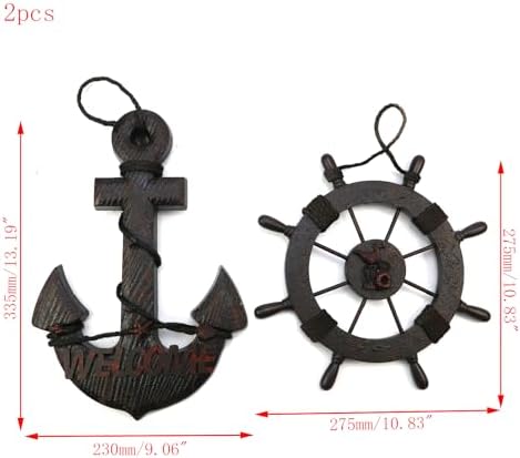 Mewutal 2PCS 11 Inch Wooden Ship Steering Wheel and 13 Inch Wood Anchor Wall Decor
