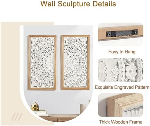 AHUONEL 2 Panel Wall Sculpture Decor Carved Wood Wall Art for Home Living Room Bedroom Entryway Hall Office Decor 23x115