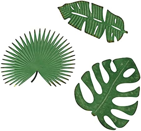 Zeckos 3 Piece Antiqued Green Metal Tropical Leaf Wall Sculptures