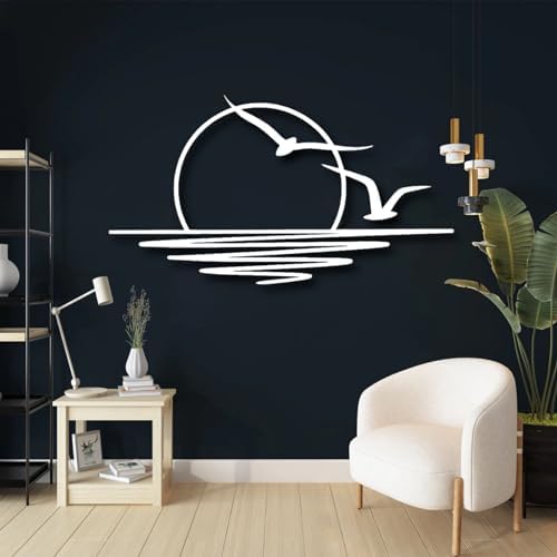 Sunrise Metal Wall Art - Seagulls Sunset Decor Black 30x16 Inch