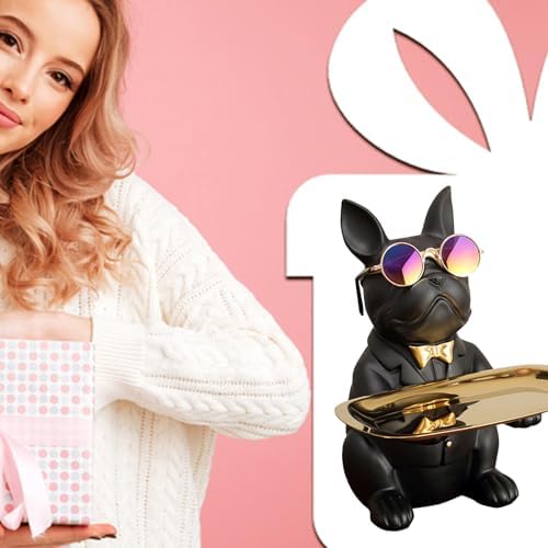 French Bulldog Butler Resin Statue with Tray - Black 1