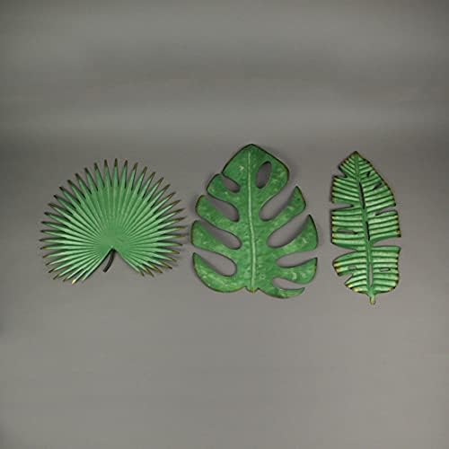 Zeckos 3 Piece Antiqued Green Metal Tropical Leaf Wall Sculptures