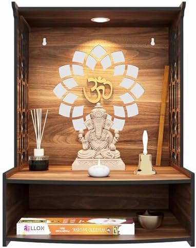 Shilppam Craft Wooden Wall Pooja Mandir with LED Light Brown
