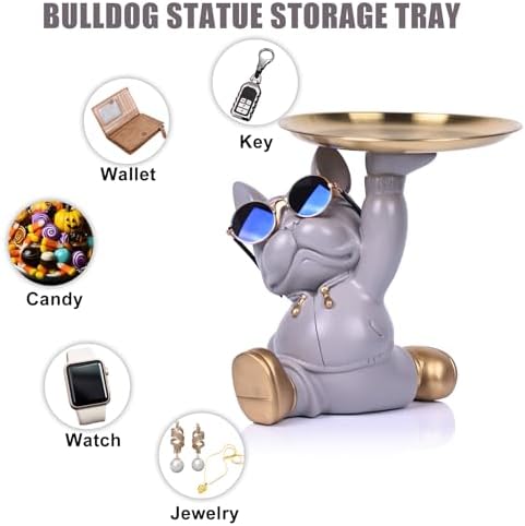 French Bulldog Butler Statue with Key Tray Grey