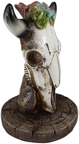 Ebros Gift Cow Skull Floral Sculpture with Wooden Base