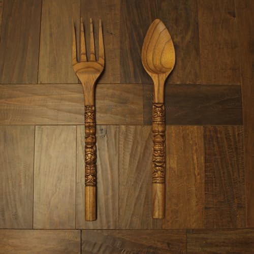 Zeckos Set of 2 Carved Tiki Wooden Spoon Fork Wall Sculptures