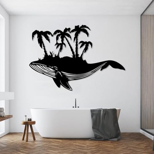 Metal Whale Palm Tree Wall Art Silver 16x24