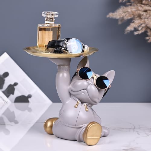 French Bulldog Butler Statue with Key Tray Grey