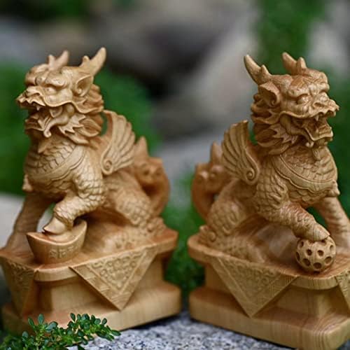 Pair of Fu Foo Dogs Statues Solid Wood Feng Shui Decor Figurines