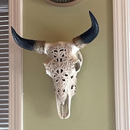 OTARTU White Tribal Carved Steer Skull Wall Sculpture